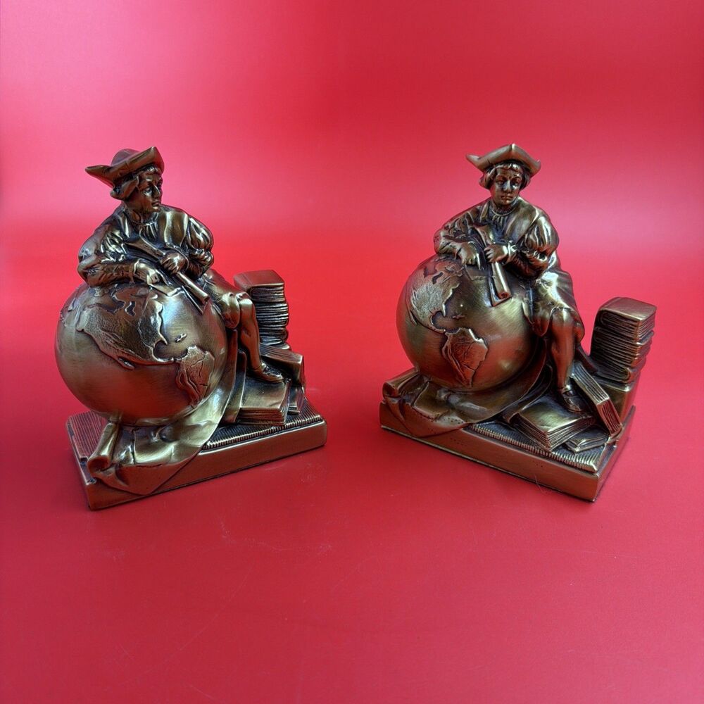 Vtg Craftsman Brass Christopher Columbus Colonial Bookend Figure Sculpture Set 2